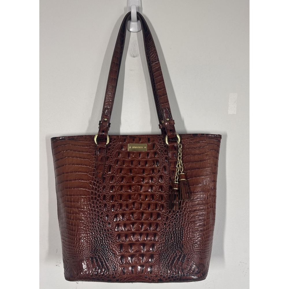 Brahmin Medium Asher Tote Pecan Melbourne Croc Embossed Leather Shoulder Bag